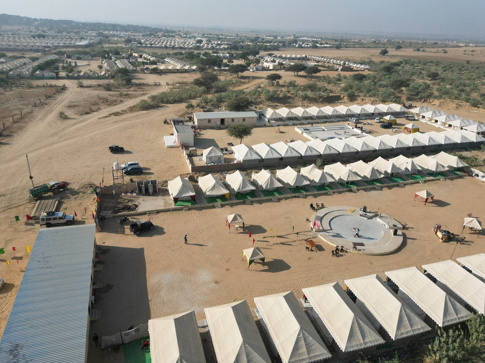 Aerial view of a desert camp near Jaisalmer